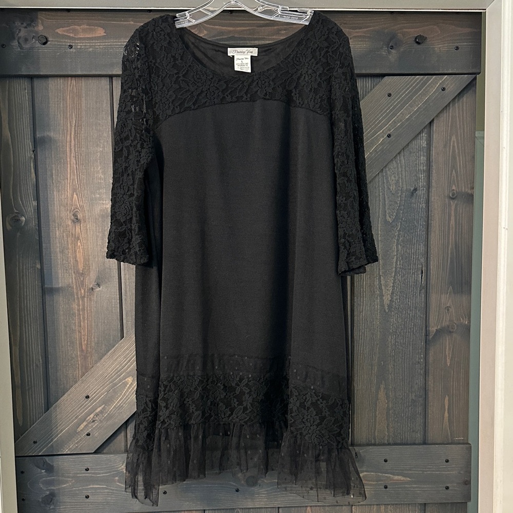 Kensie Black Lace & Tulle Long Sleeve Shift Dress